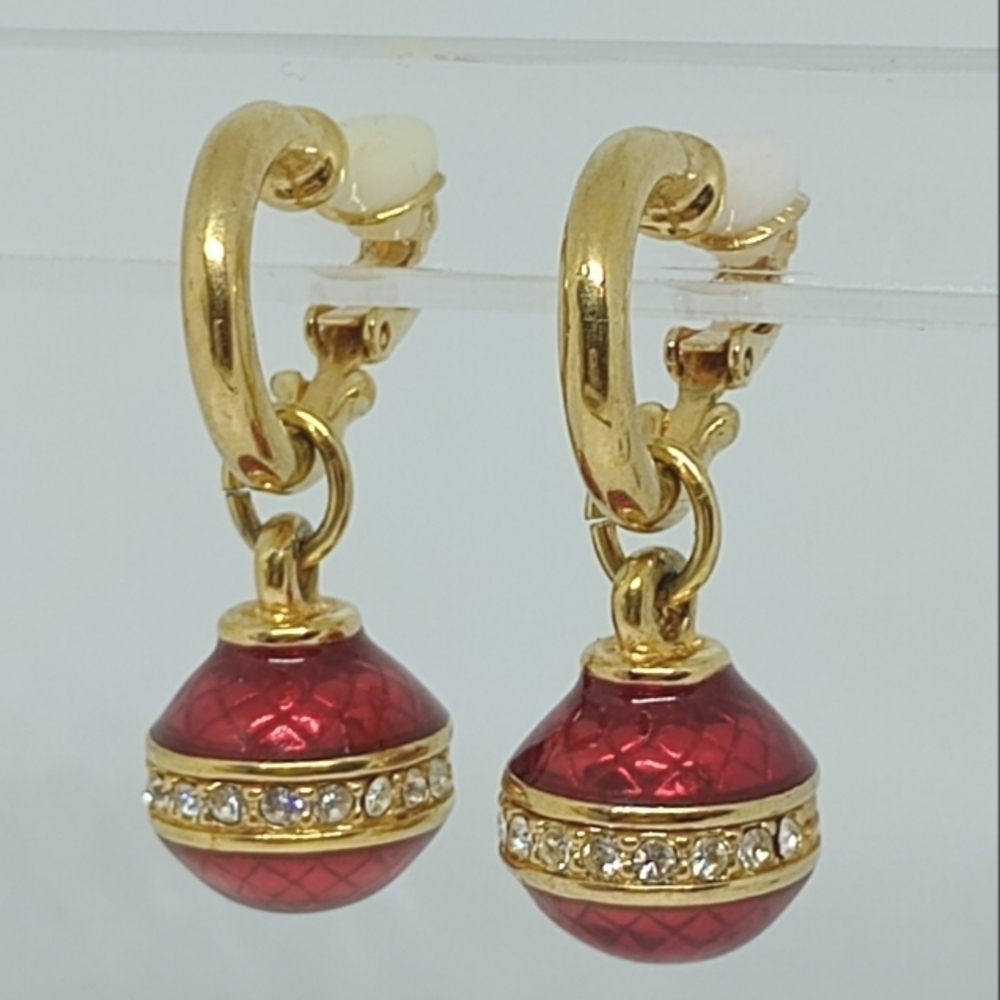 * signed Swarovski red Christmas ornament dangle clip on earrings